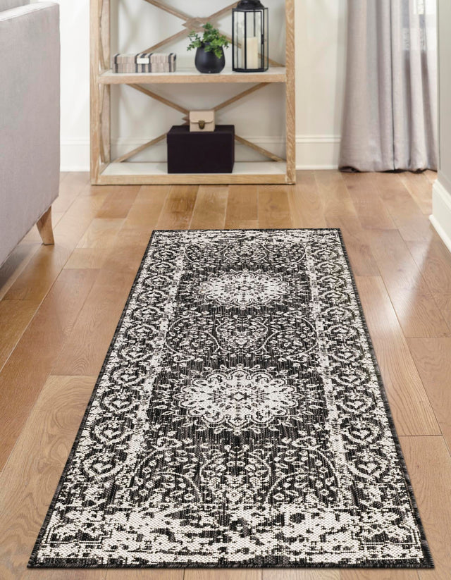 Black and White 2' x 8' Outdoor Traditional Runner Area Rug Weather Resistant for Patio, Deck, Terrace, Balcony, Porch Classical Design Outside Carpet for Sale at Rug Engine