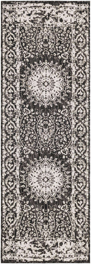 Black and White 2' x 6' 1 Outdoor Traditional Runner Area Rug Weather Resistant for Patio, Deck, Terrace, Balcony, Porch Classical Design Outside Carpet for Sale at Rug Engine