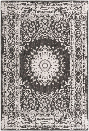 Black and White 6' 1 x 9' Outdoor Traditional Rectangle Area Rug Weather Resistant for Patio, Deck, Terrace, Balcony, Porch Classical Design Outside Carpet for Sale at Rug Engine