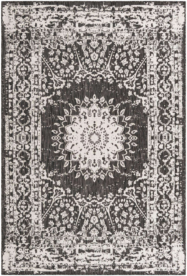 Black and White 6' 1 x 9' Outdoor Traditional Rectangle Area Rug Weather Resistant for Patio, Deck, Terrace, Balcony, Porch Classical Design Outside Carpet for Sale at Rug Engine