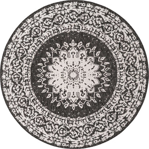 Black and White 7' 10 x 7' 10 Outdoor Traditional Round Area Rug Weather Resistant for Patio, Deck, Terrace, Balcony, Porch Classical Design Outside Carpet for Sale at Rug Engine