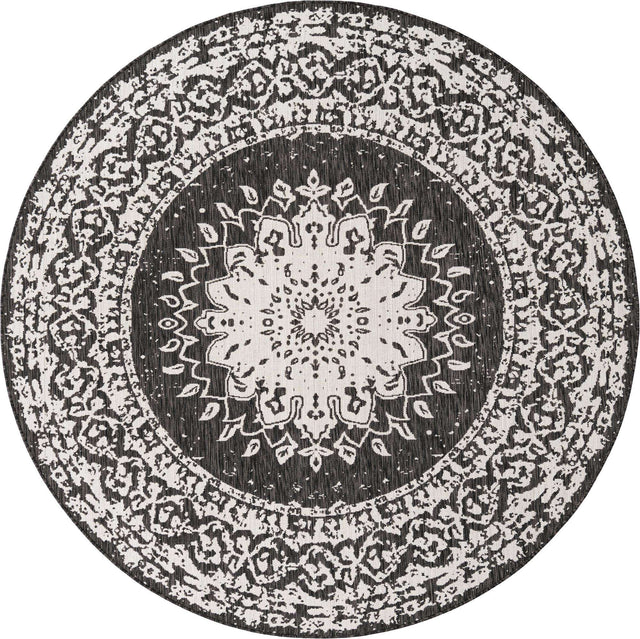 Black and White 7' 10 x 7' 10 Outdoor Traditional Round Area Rug Weather Resistant for Patio, Deck, Terrace, Balcony, Porch Classical Design Outside Carpet for Sale at Rug Engine