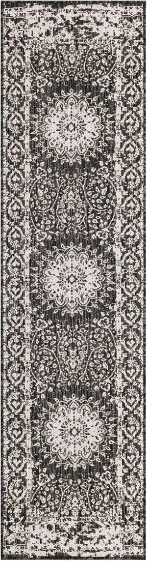 Black and White 2' x 8' Outdoor Traditional Runner Area Rug Weather Resistant for Patio, Deck, Terrace, Balcony, Porch Classical Design Outside Carpet for Sale at Rug Engine