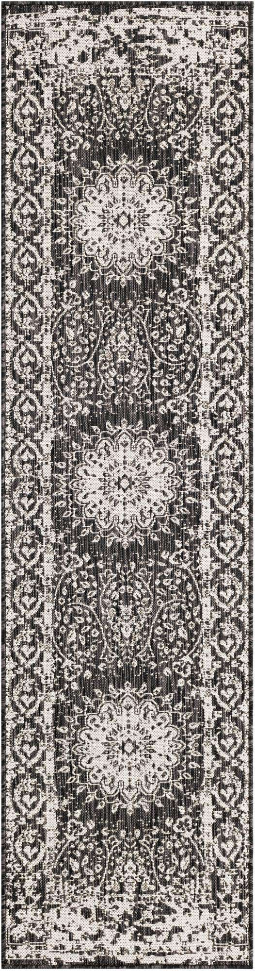 Black and White 2' x 8' Outdoor Traditional Runner Area Rug Weather Resistant for Patio, Deck, Terrace, Balcony, Porch Classical Design Outside Carpet for Sale at Rug Engine