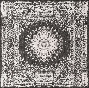 Black and White 7' 10 x 7' 10 Outdoor Traditional Square Area Rug Weather Resistant for Patio, Deck, Terrace, Balcony, Porch Classical Design Outside Carpet for Sale at Rug Engine