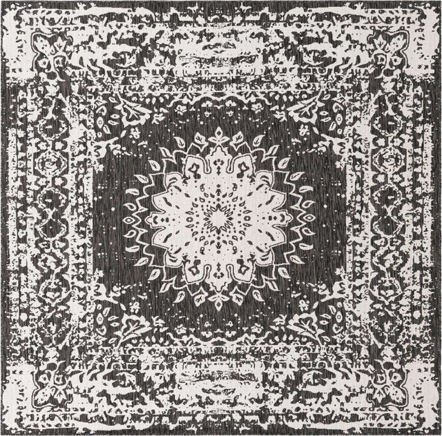 Black and White 7' 10 x 7' 10 Outdoor Traditional Square Area Rug Weather Resistant for Patio, Deck, Terrace, Balcony, Porch Classical Design Outside Carpet for Sale at Rug Engine