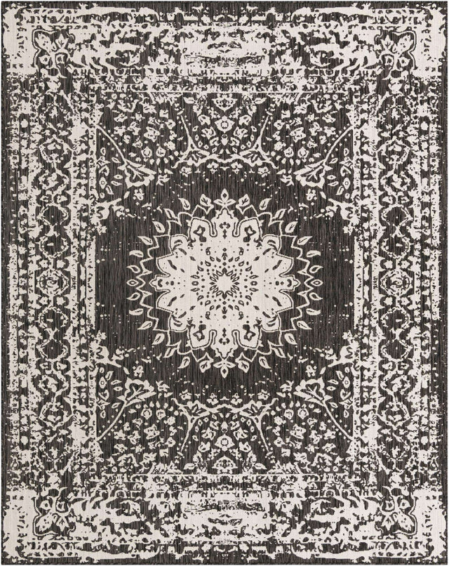 Black and White 7' 10 x 10' Outdoor Traditional Rectangle Area Rug Weather Resistant for Patio, Deck, Terrace, Balcony, Porch Classical Design Outside Carpet for Sale at Rug Engine