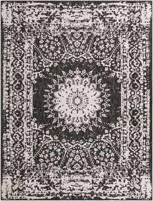 Black and White 9' x 12' Outdoor Traditional Rectangle Area Rug Weather Resistant for Patio, Deck, Terrace, Balcony, Porch Classical Design Outside Carpet for Sale at Rug Engine
