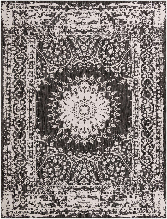 Black and White 9' x 12' Outdoor Traditional Rectangle Area Rug Weather Resistant for Patio, Deck, Terrace, Balcony, Porch Classical Design Outside Carpet for Sale at Rug Engine
