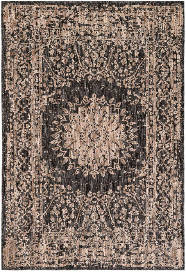 Black 4' 1 x 6' 1 Outdoor Traditional Rectangle Area Rug Weather Resistant for Patio, Deck, Terrace, Balcony, Porch Classical Design Outside Carpet for Sale at Rug Engine