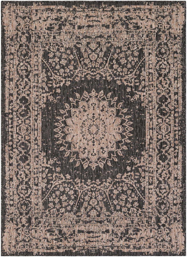 Black 5' 3 x 7' 1 Outdoor Traditional Rectangle Area Rug Weather Resistant for Patio, Deck, Terrace, Balcony, Porch Classical Design Outside Carpet for Sale at Rug Engine