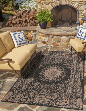 Black 6' 1 x 9' Outdoor Traditional Rectangle Area Rug Weather Resistant for Patio, Deck, Terrace, Balcony, Porch Classical Design Outside Carpet for Sale at Rug Engine