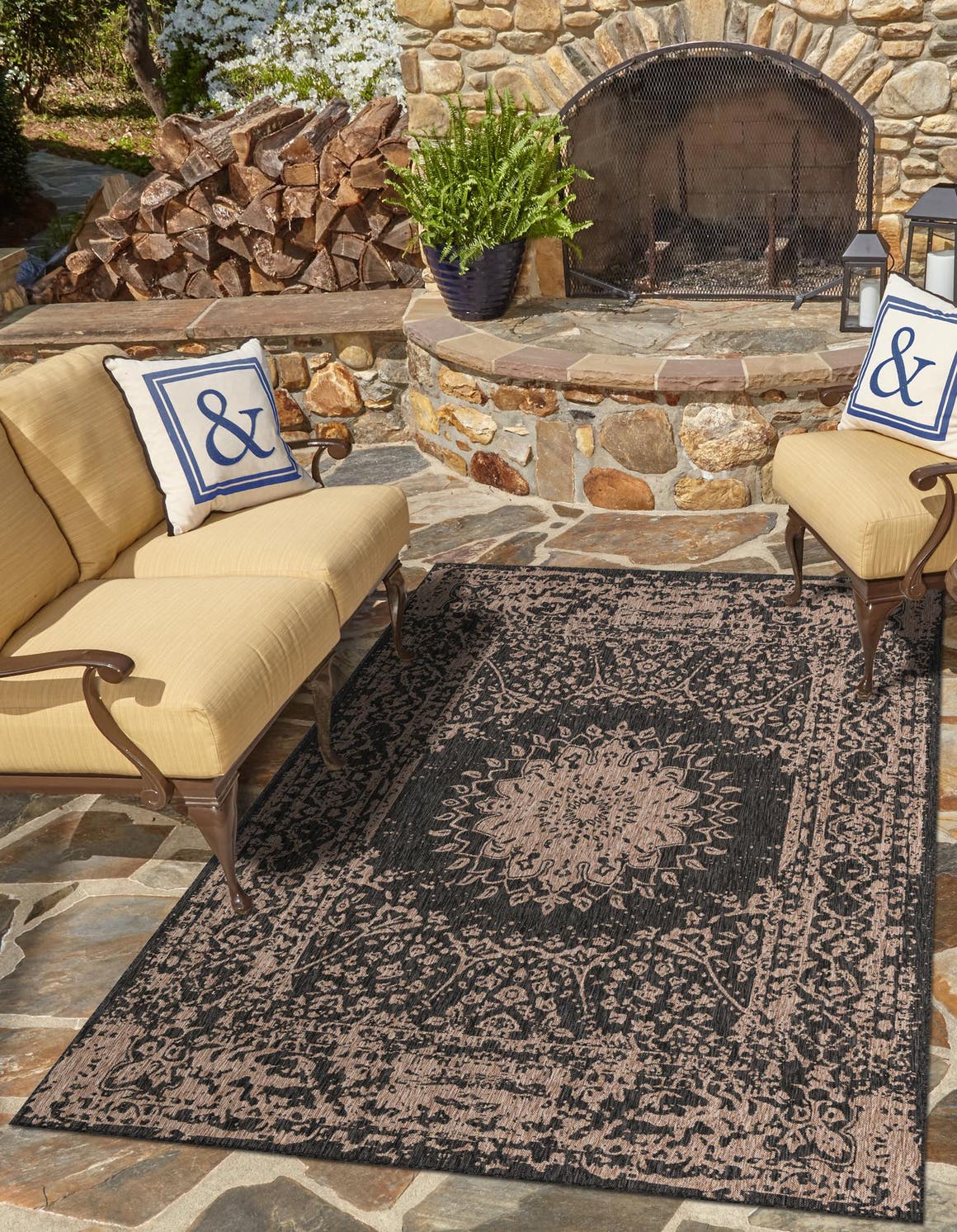 Black 4' 1 x 6' 1 Outdoor Traditional Rectangle Area Rug Weather Resistant for Patio, Deck, Terrace, Balcony, Porch Classical Design Outside Carpet for Sale at Rug Engine
