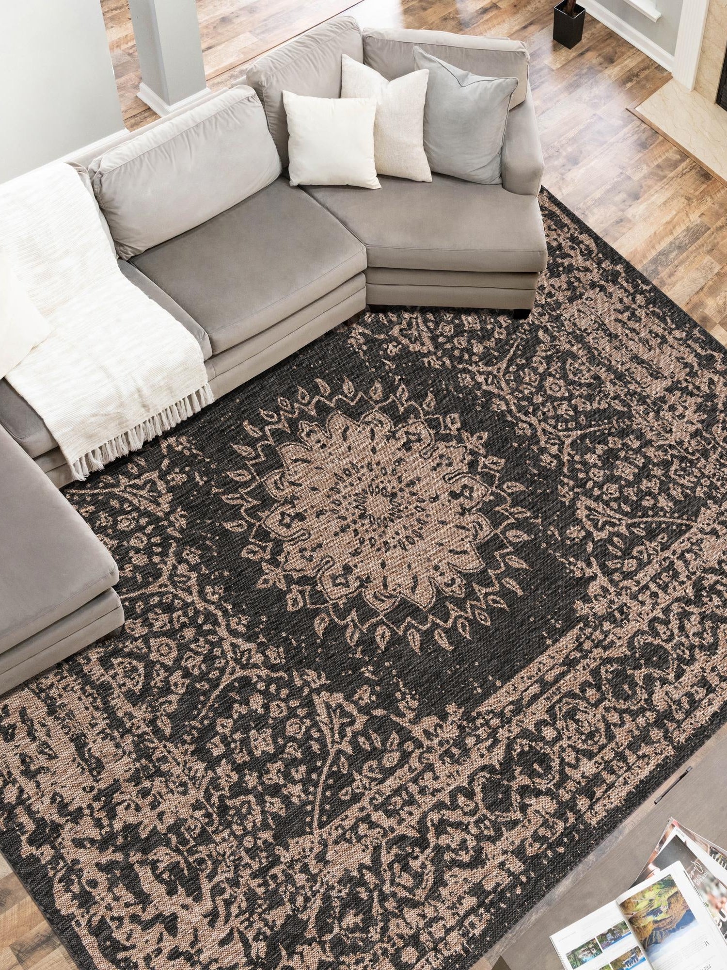 Black 9' x 12' Outdoor Traditional Rectangle Area Rug Weather Resistant for Patio, Deck, Terrace, Balcony, Porch Classical Design Outside Carpet for Sale at Rug Engine