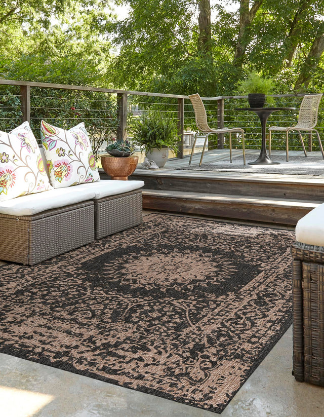 Black 4' 1 x 6' 1 Outdoor Traditional Rectangle Area Rug Weather Resistant for Patio, Deck, Terrace, Balcony, Porch Classical Design Outside Carpet for Sale at Rug Engine