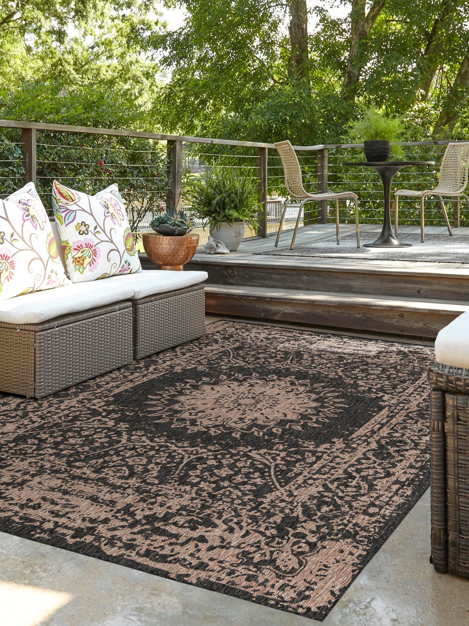 Black 5' 3 x 7' 1 Outdoor Traditional Rectangle Area Rug Weather Resistant for Patio, Deck, Terrace, Balcony, Porch Classical Design Outside Carpet for Sale at Rug Engine