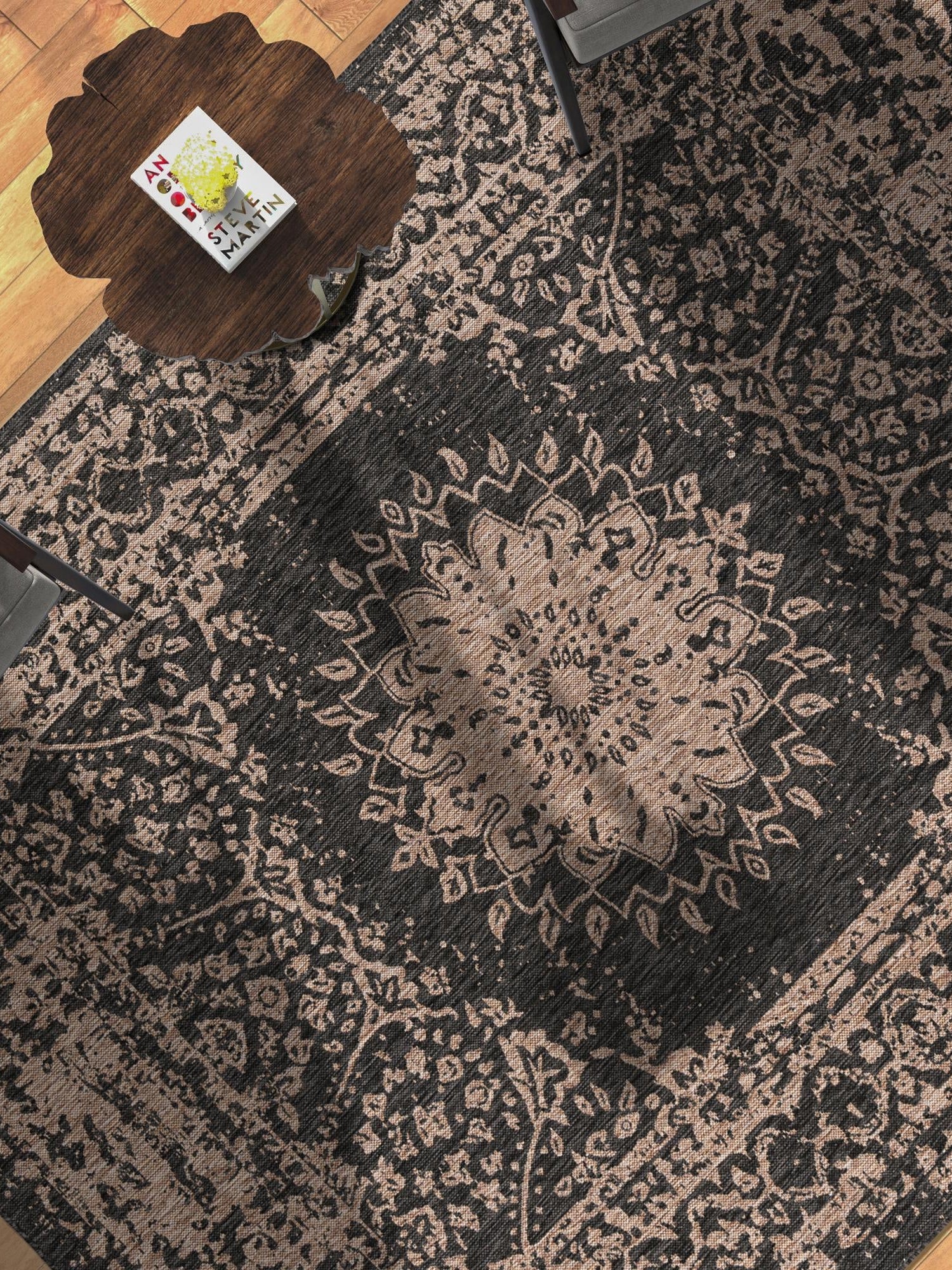 Black 6' 1 x 9' Outdoor Traditional Rectangle Area Rug Weather Resistant for Patio, Deck, Terrace, Balcony, Porch Classical Design Outside Carpet for Sale at Rug Engine