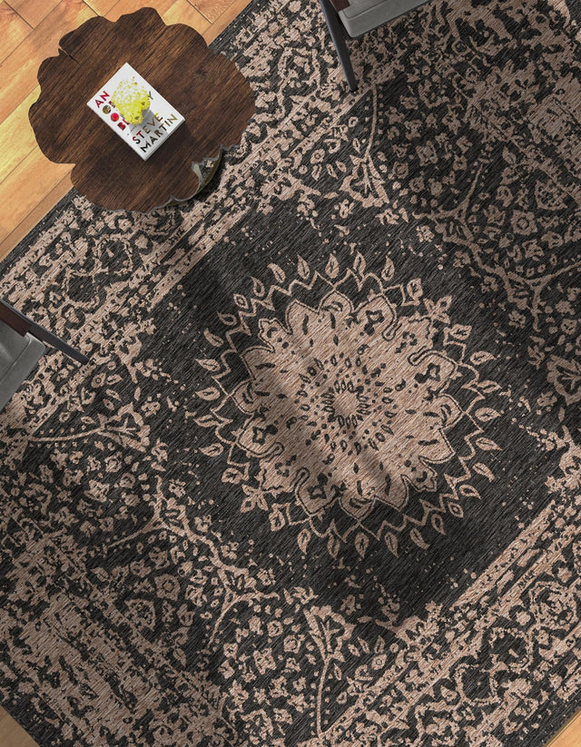 Black 6' 1 x 9' Outdoor Traditional Rectangle Area Rug Weather Resistant for Patio, Deck, Terrace, Balcony, Porch Classical Design Outside Carpet for Sale at Rug Engine