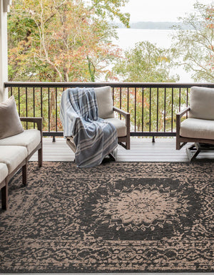 Black 6' 1 x 9' Outdoor Traditional Rectangle Area Rug Weather Resistant for Patio, Deck, Terrace, Balcony, Porch Classical Design Outside Carpet for Sale at Rug Engine