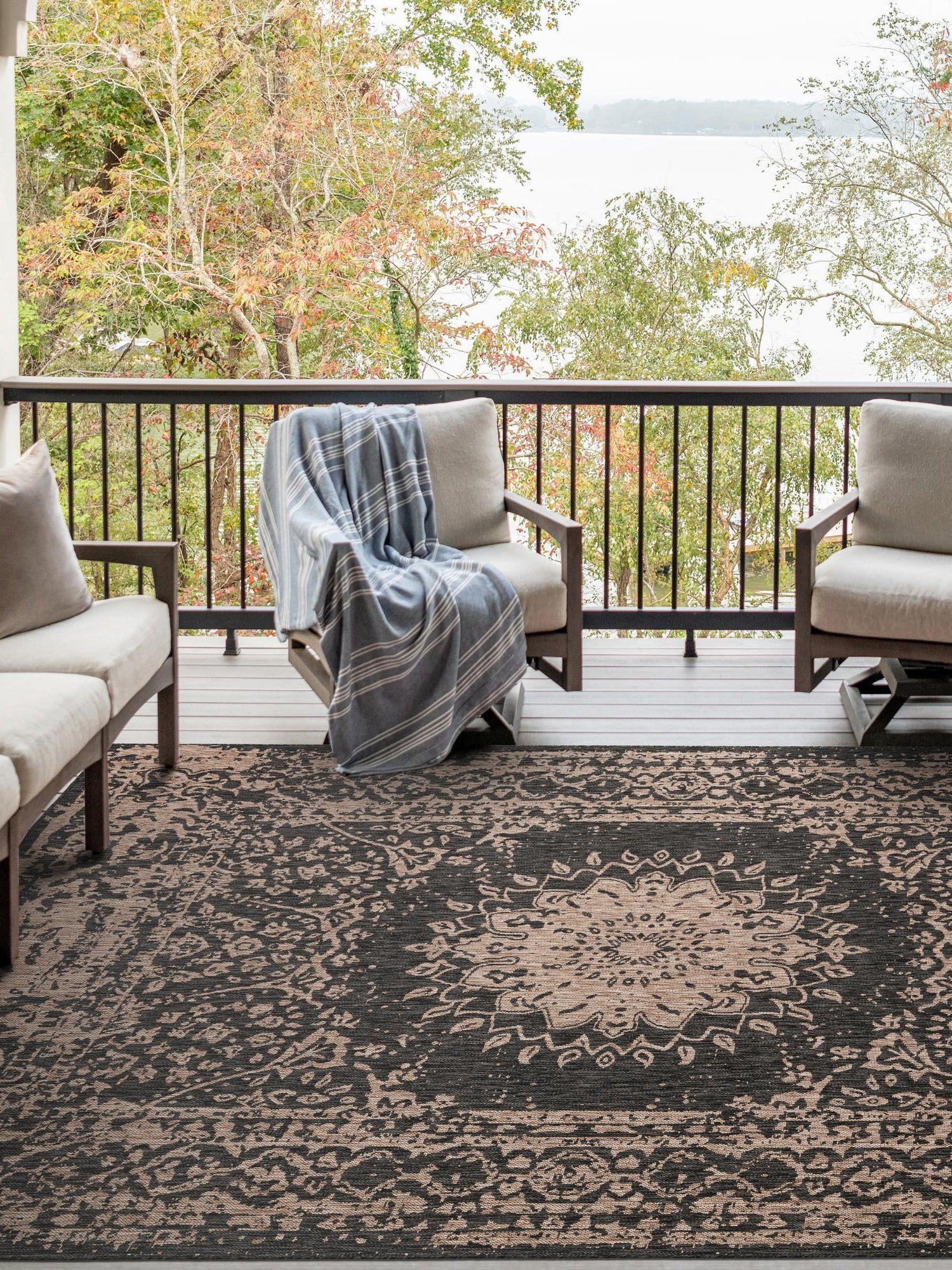 Black 5' 3 x 8' Outdoor Traditional Rectangle Area Rug Weather Resistant for Patio, Deck, Terrace, Balcony, Porch Classical Design Outside Carpet for Sale at Rug Engine