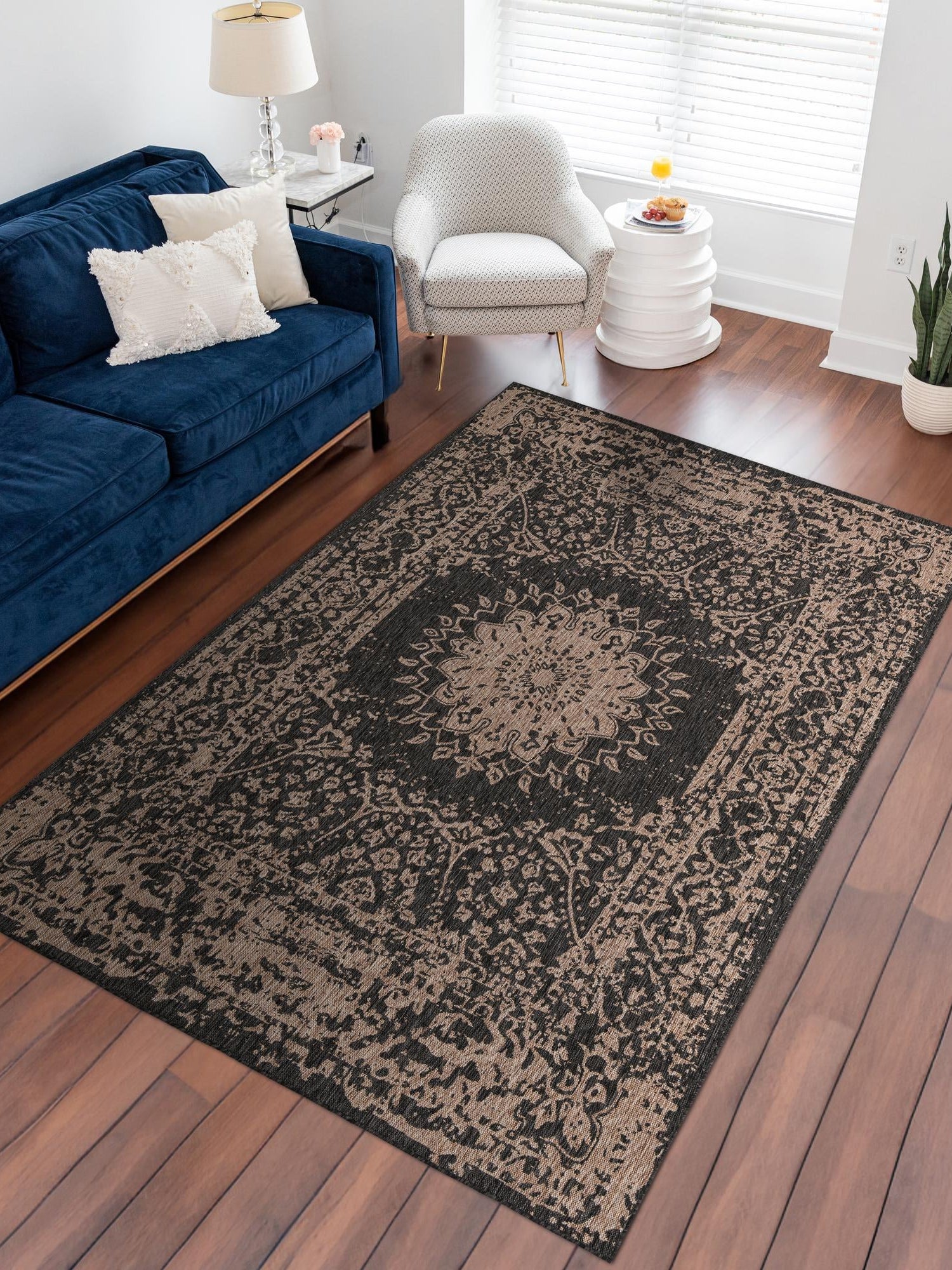 Black 5' 3 x 8' Outdoor Traditional Rectangle Area Rug Weather Resistant for Patio, Deck, Terrace, Balcony, Porch Classical Design Outside Carpet for Sale at Rug Engine