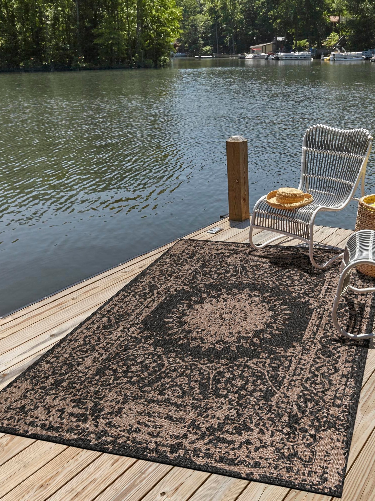 Black 5' 3 x 8' Outdoor Traditional Rectangle Area Rug Weather Resistant for Patio, Deck, Terrace, Balcony, Porch Classical Design Outside Carpet for Sale at Rug Engine