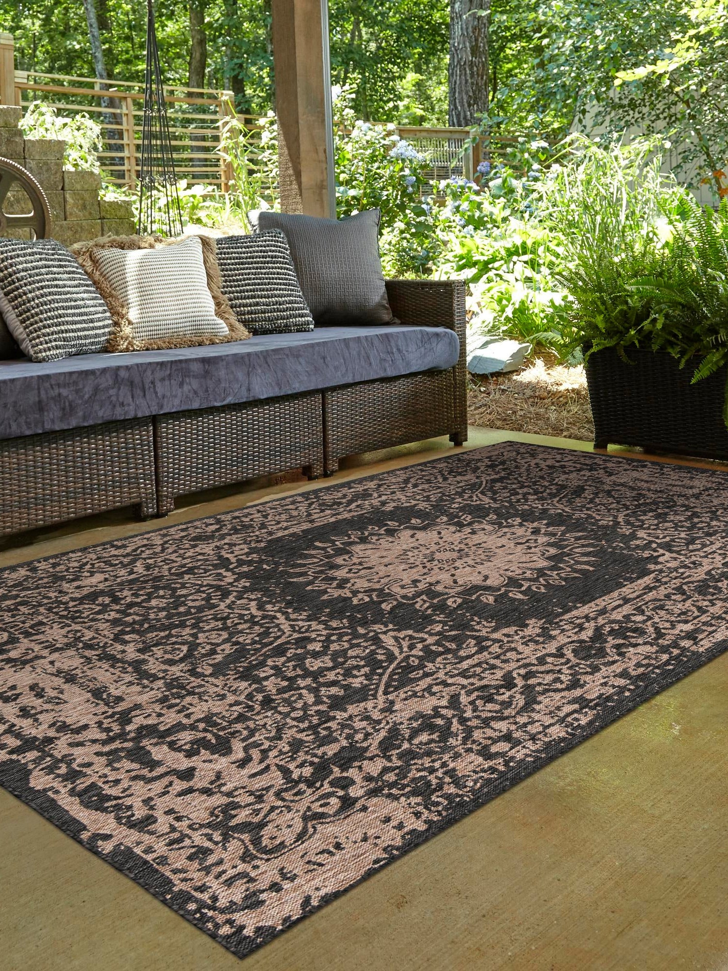 Black 9' x 12' Outdoor Traditional Rectangle Area Rug Weather Resistant for Patio, Deck, Terrace, Balcony, Porch Classical Design Outside Carpet for Sale at Rug Engine