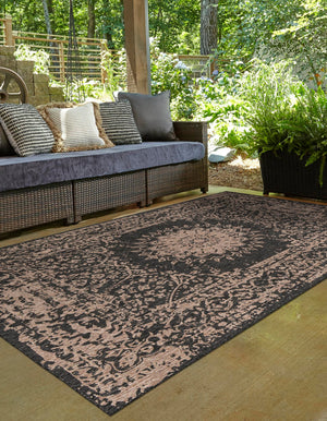 Black 5' 3 x 8' Outdoor Traditional Rectangle Area Rug Weather Resistant for Patio, Deck, Terrace, Balcony, Porch Classical Design Outside Carpet for Sale at Rug Engine