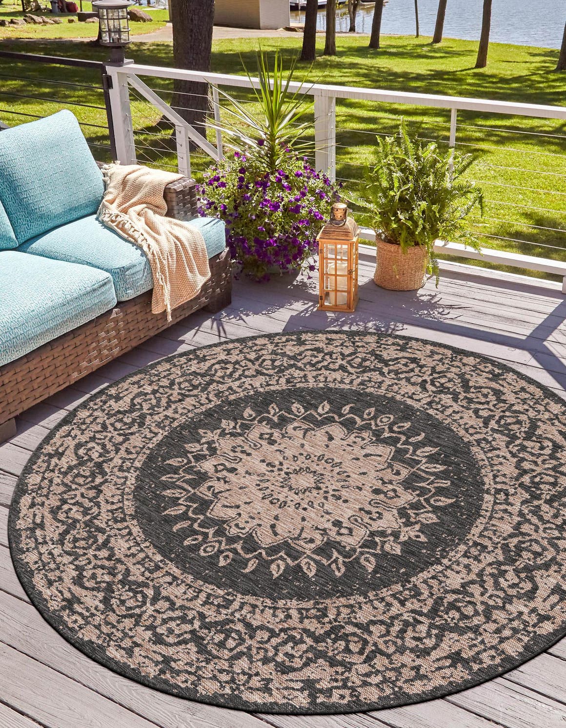 Black 10' x 10' Outdoor Traditional Round Area Rug Weather Resistant for Patio, Deck, Terrace, Balcony, Porch Classical Design Outside Carpet for Sale at Rug Engine