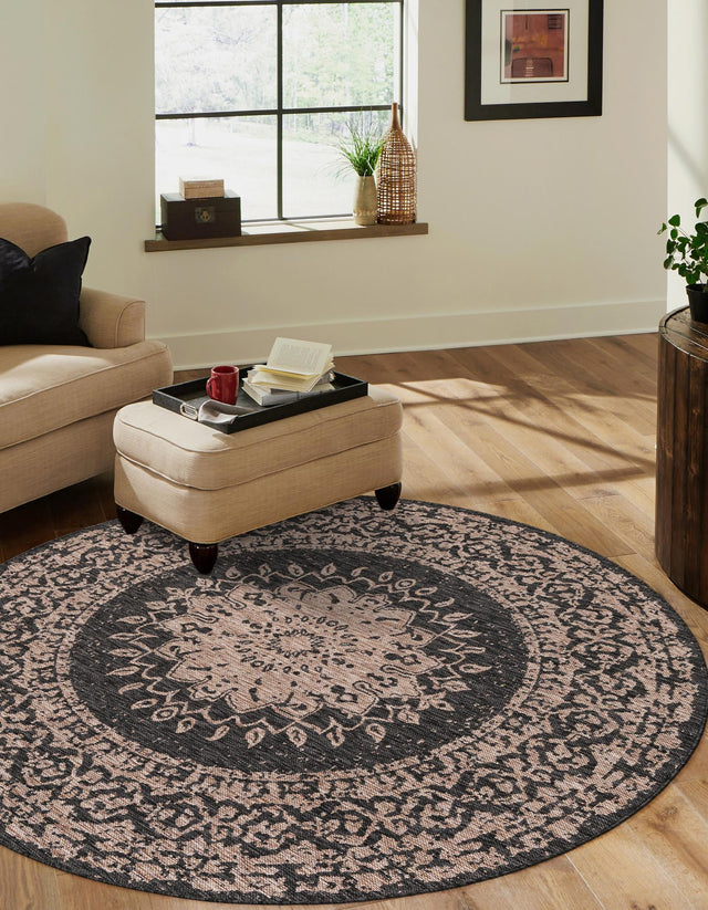 Black 6' 1 x 6' 1 Outdoor Traditional Round Area Rug Weather Resistant for Patio, Deck, Terrace, Balcony, Porch Classical Design Outside Carpet for Sale at Rug Engine