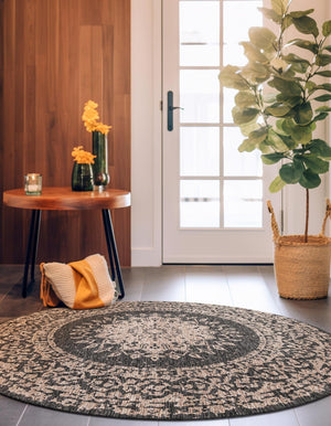 Black 6' 1 x 6' 1 Outdoor Traditional Round Area Rug Weather Resistant for Patio, Deck, Terrace, Balcony, Porch Classical Design Outside Carpet for Sale at Rug Engine