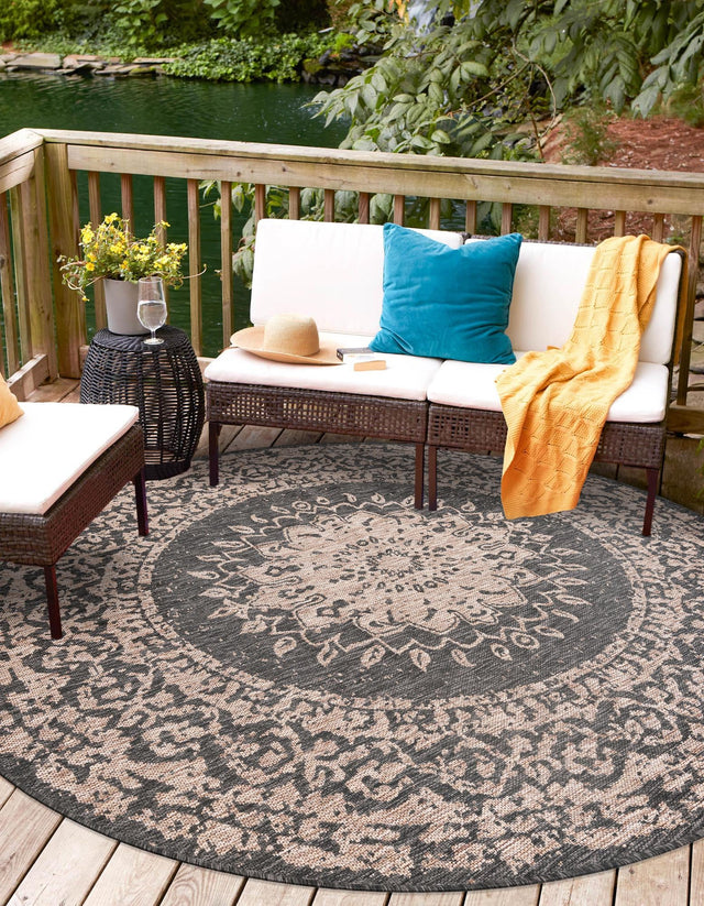 Black 12' x 12' Outdoor Traditional Round Area Rug Weather Resistant for Patio, Deck, Terrace, Balcony, Porch Classical Design Outside Carpet for Sale at Rug Engine