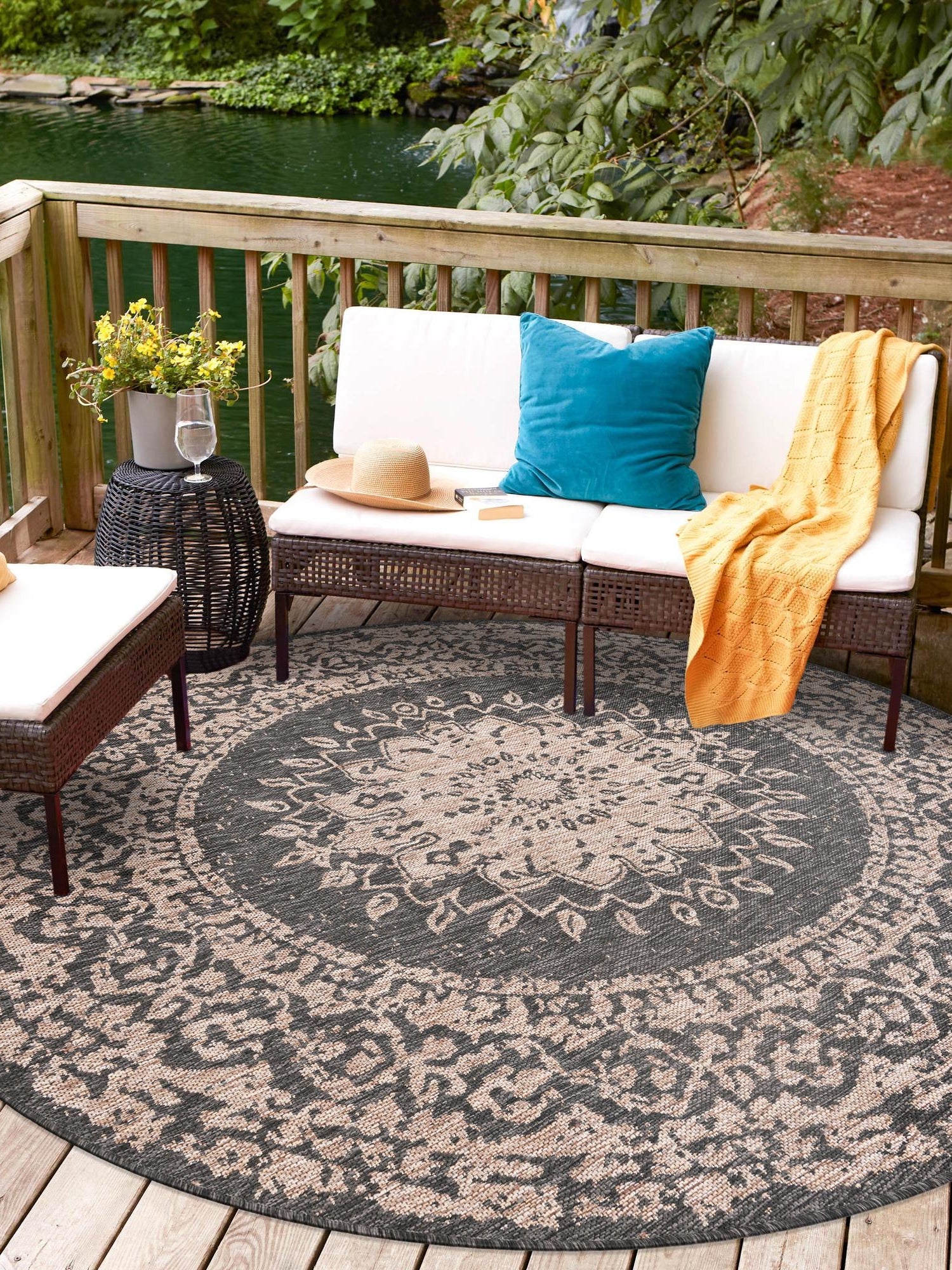 Black 7' 10 x 7' 10 Outdoor Traditional Round Area Rug Weather Resistant for Patio, Deck, Terrace, Balcony, Porch Classical Design Outside Carpet for Sale at Rug Engine