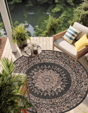 Black 6' 1 x 6' 1 Outdoor Traditional Round Area Rug Weather Resistant for Patio, Deck, Terrace, Balcony, Porch Classical Design Outside Carpet for Sale at Rug Engine