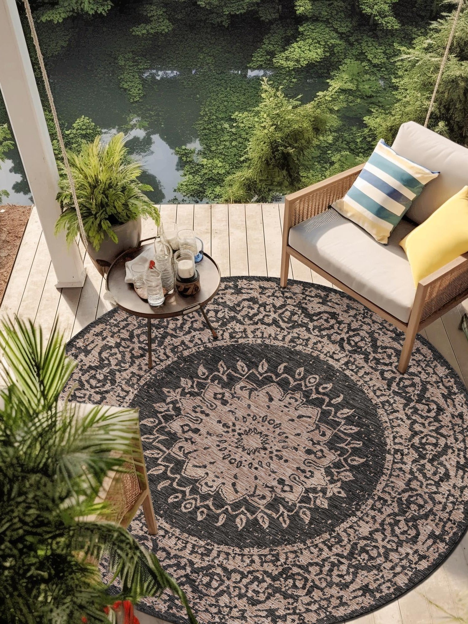 Black 7' 10 x 7' 10 Outdoor Traditional Round Area Rug Weather Resistant for Patio, Deck, Terrace, Balcony, Porch Classical Design Outside Carpet for Sale at Rug Engine