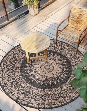Black 10' x 10' Outdoor Traditional Round Area Rug Weather Resistant for Patio, Deck, Terrace, Balcony, Porch Classical Design Outside Carpet for Sale at Rug Engine