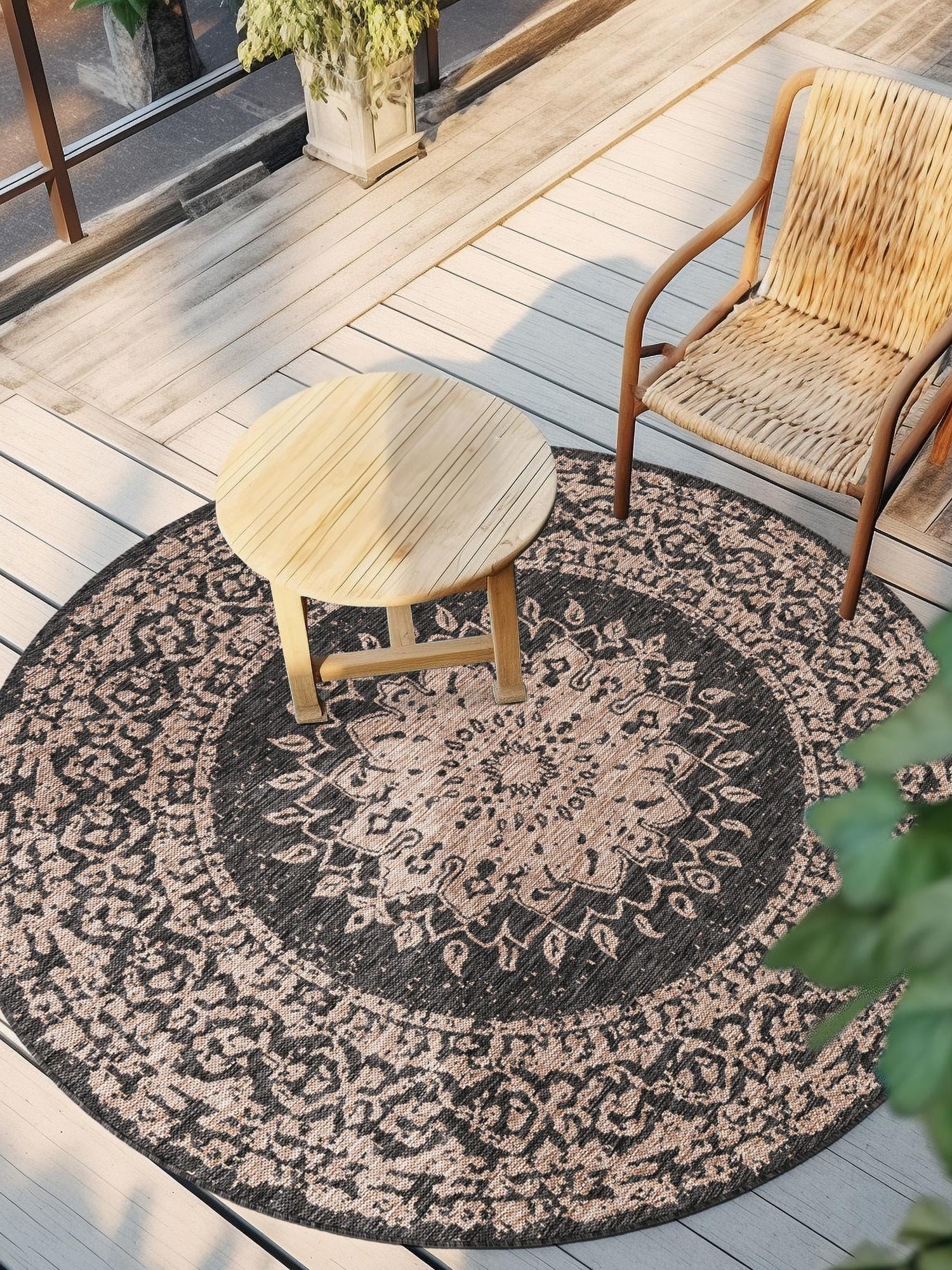 Black 6' 1 x 6' 1 Outdoor Traditional Round Area Rug Weather Resistant for Patio, Deck, Terrace, Balcony, Porch Classical Design Outside Carpet for Sale at Rug Engine