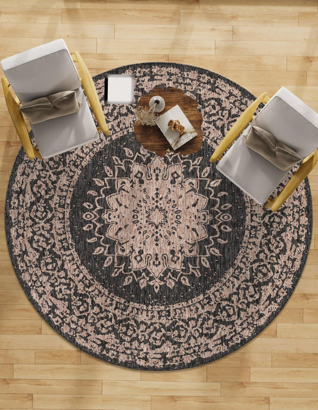 Black 10' x 10' Outdoor Traditional Round Area Rug Weather Resistant for Patio, Deck, Terrace, Balcony, Porch Classical Design Outside Carpet for Sale at Rug Engine