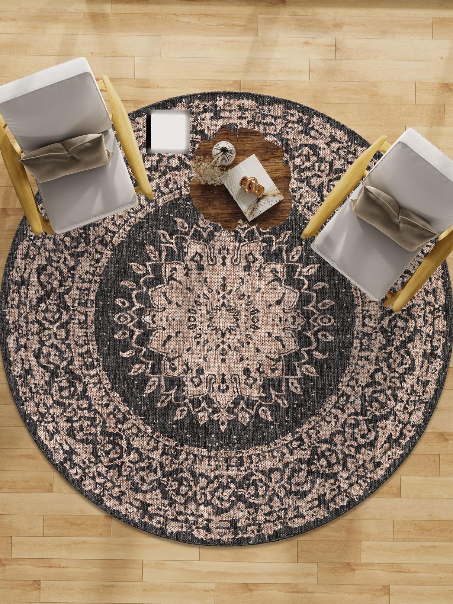 Black 12' x 12' Outdoor Traditional Round Area Rug Weather Resistant for Patio, Deck, Terrace, Balcony, Porch Classical Design Outside Carpet for Sale at Rug Engine