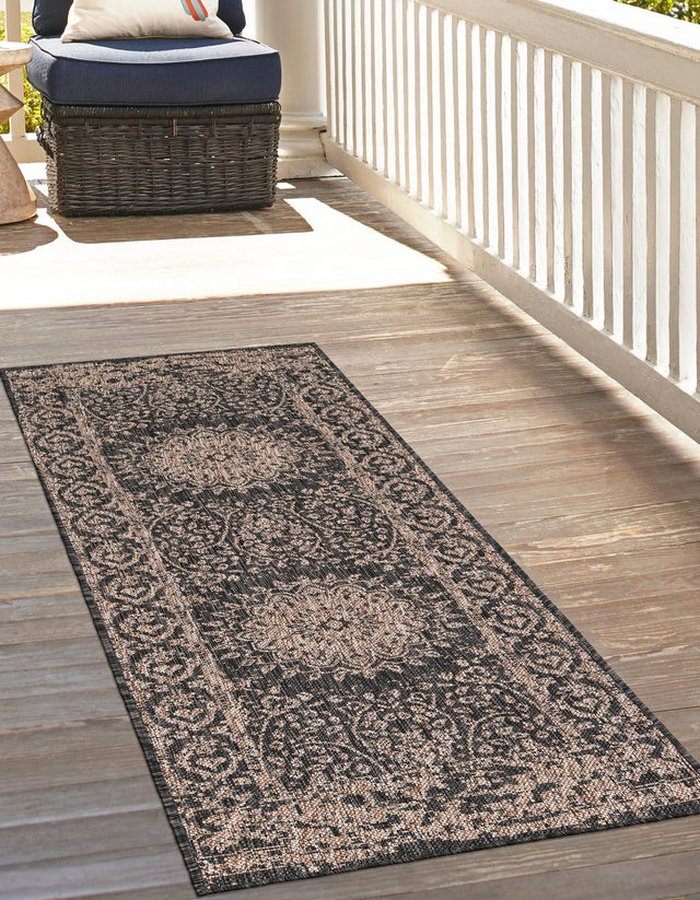 Black 2' x 6' 1 Outdoor Traditional Runner Area Rug Weather Resistant for Patio, Deck, Terrace, Balcony, Porch Classical Design Outside Carpet for Sale at Rug Engine