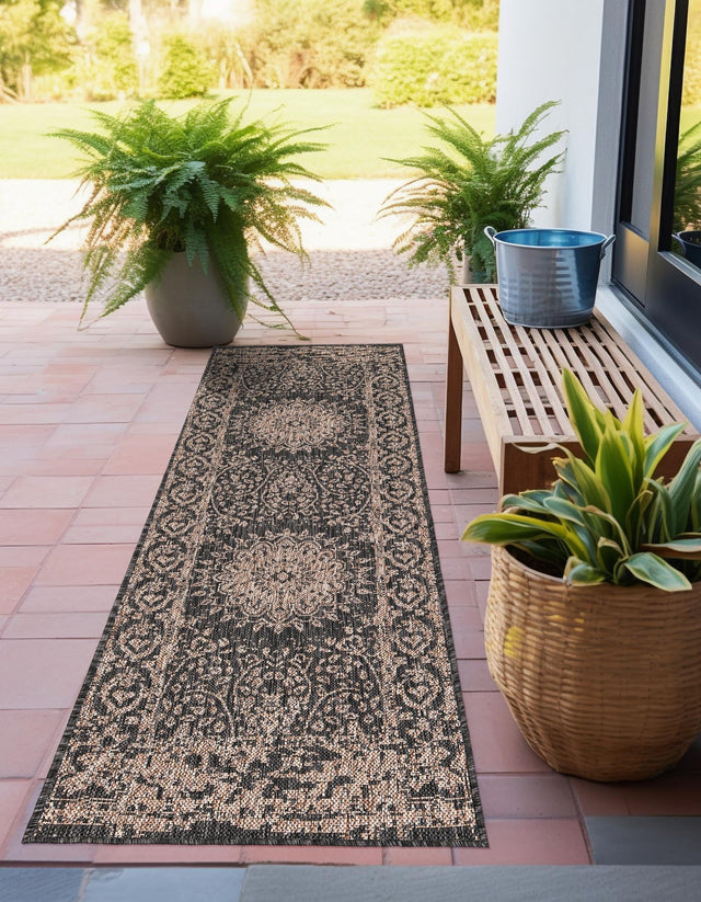 Black 2' x 4' 1 Outdoor Traditional Runner Area Rug Weather Resistant for Patio, Deck, Terrace, Balcony, Porch Classical Design Outside Carpet for Sale at Rug Engine