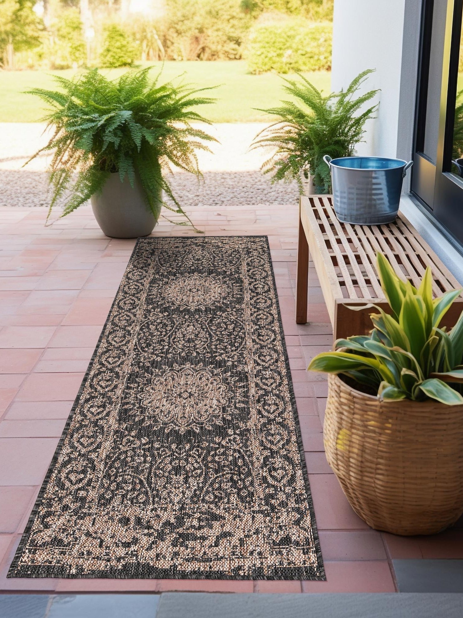 Black 2' x 6' 1 Outdoor Traditional Runner Area Rug Weather Resistant for Patio, Deck, Terrace, Balcony, Porch Classical Design Outside Carpet for Sale at Rug Engine