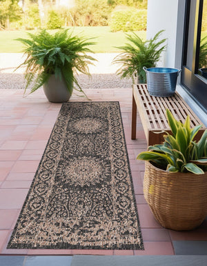 Black 2' x 5' 3 Outdoor Traditional Runner Area Rug Weather Resistant for Patio, Deck, Terrace, Balcony, Porch Classical Design Outside Carpet for Sale at Rug Engine