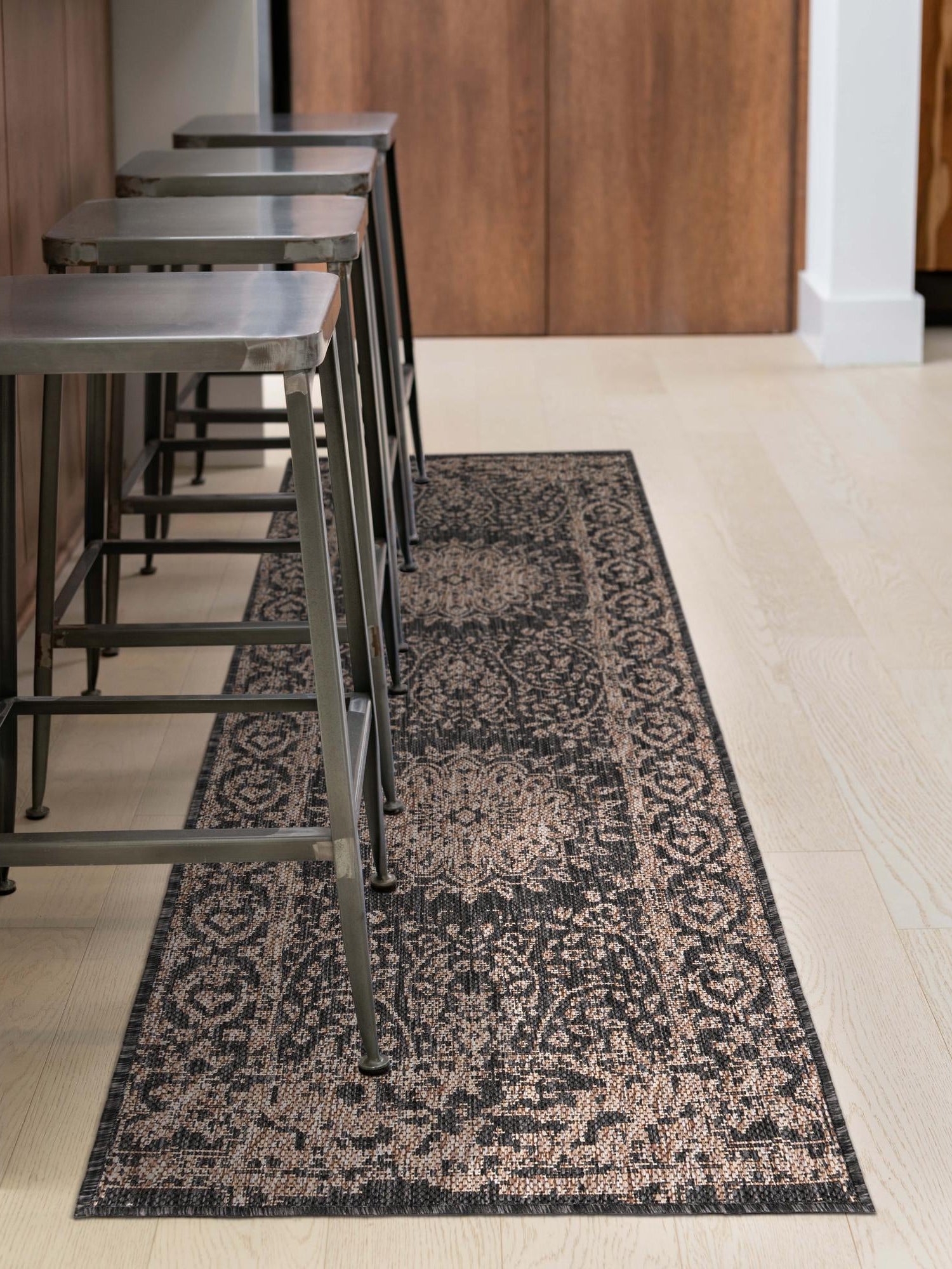 Black 2' x 6' 1 Outdoor Traditional Runner Area Rug Weather Resistant for Patio, Deck, Terrace, Balcony, Porch Classical Design Outside Carpet for Sale at Rug Engine