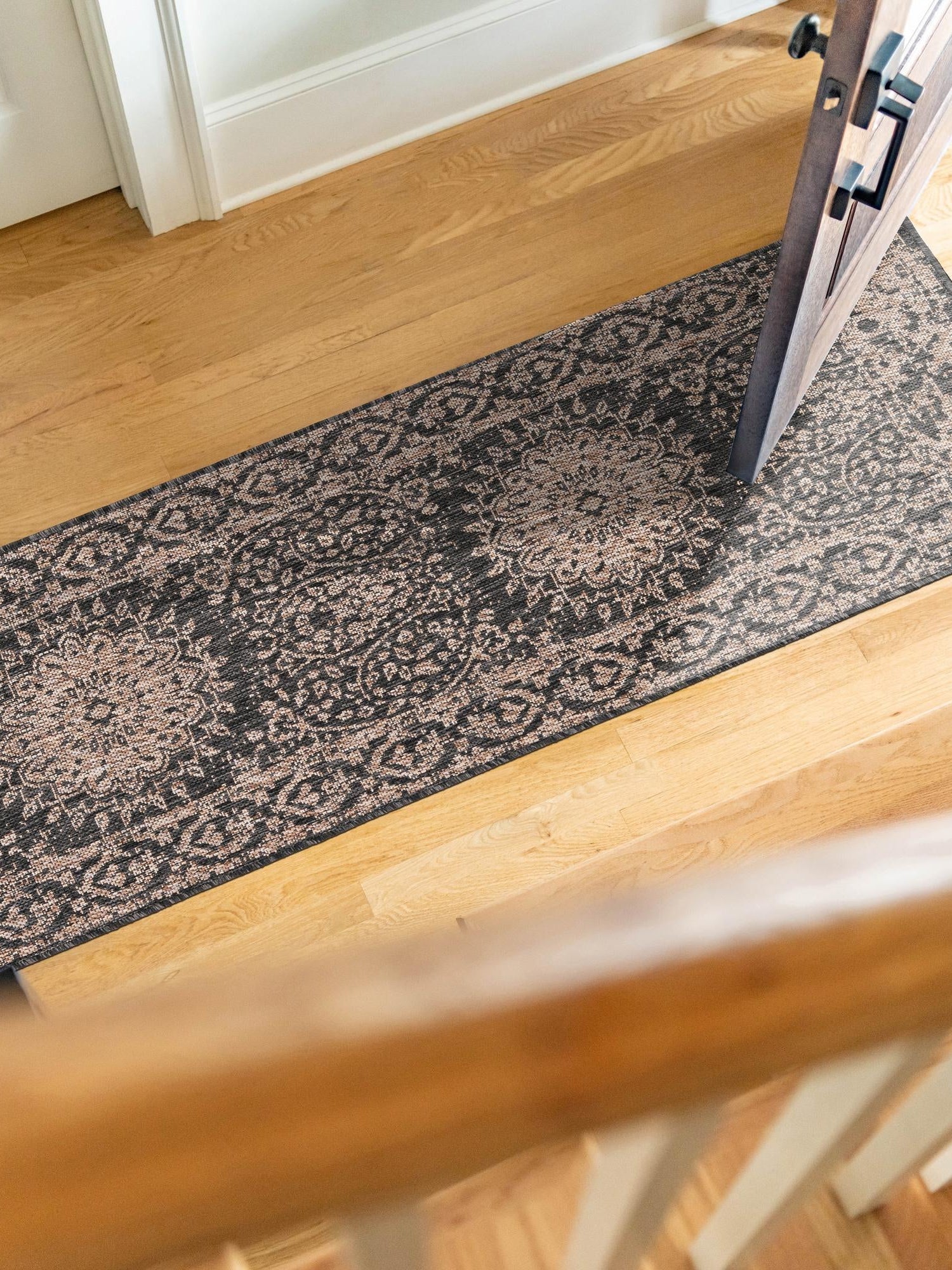 Black 2' x 5' 3 Outdoor Traditional Runner Area Rug Weather Resistant for Patio, Deck, Terrace, Balcony, Porch Classical Design Outside Carpet for Sale at Rug Engine
