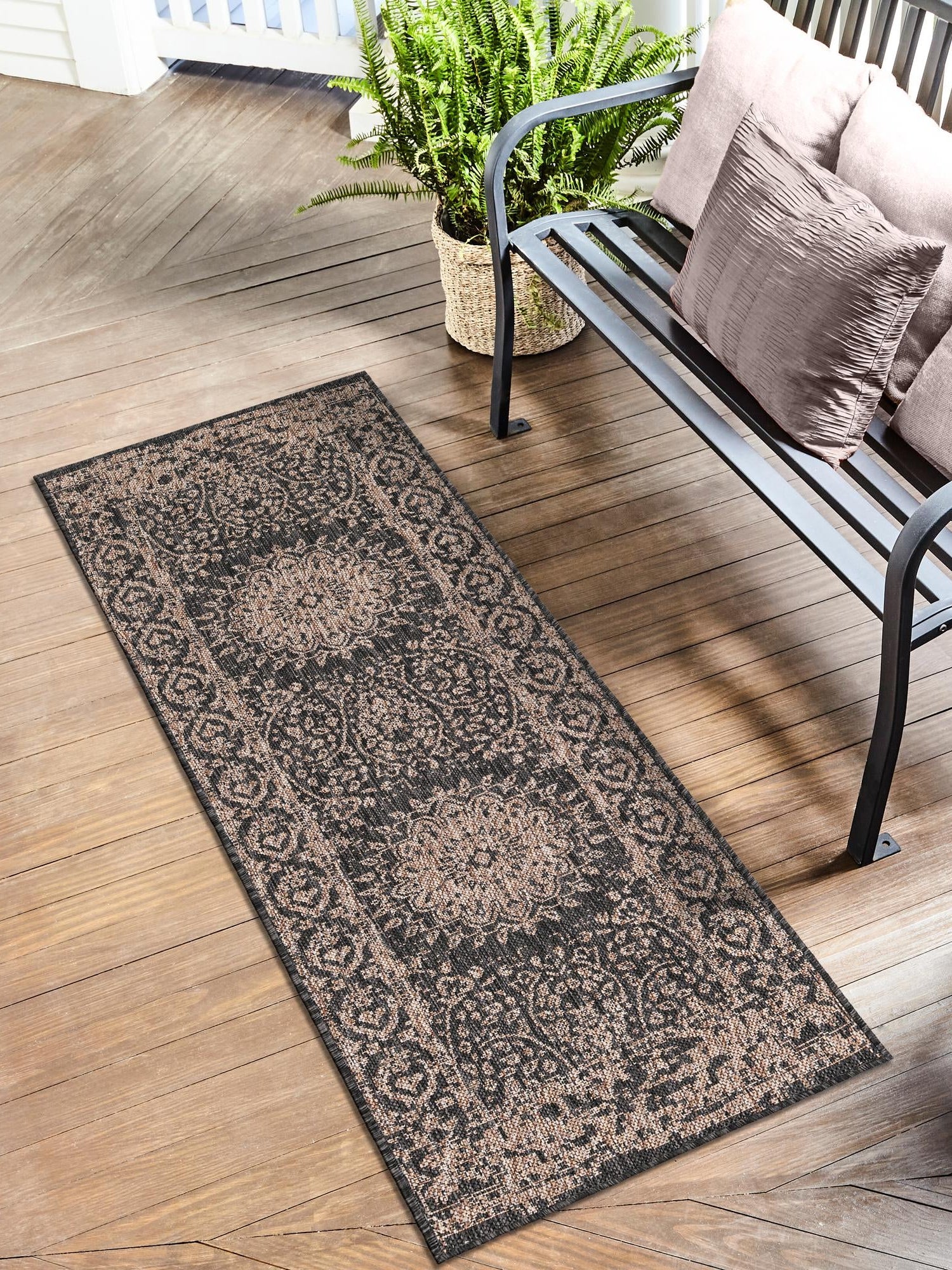 Black 2' x 4' 1 Outdoor Traditional Runner Area Rug Weather Resistant for Patio, Deck, Terrace, Balcony, Porch Classical Design Outside Carpet for Sale at Rug Engine
