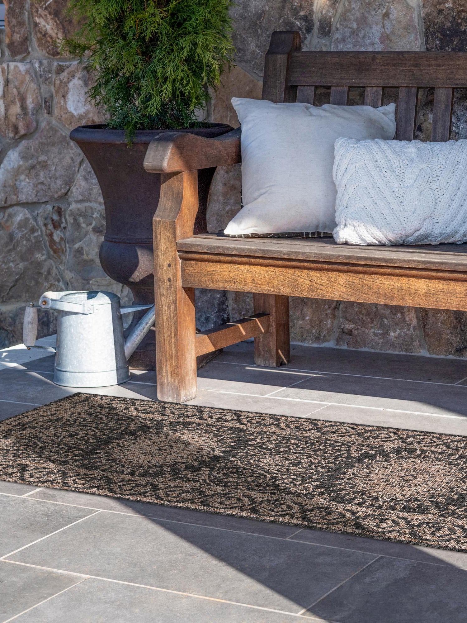 Black 2' 7 x 12' Outdoor Traditional Runner Area Rug Weather Resistant for Patio, Deck, Terrace, Balcony, Porch Classical Design Outside Carpet for Sale at Rug Engine