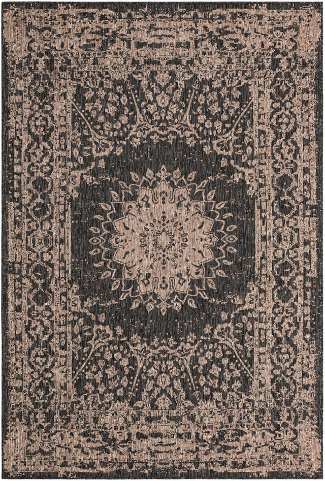 Black 6' 1 x 9' Outdoor Traditional Rectangle Area Rug Weather Resistant for Patio, Deck, Terrace, Balcony, Porch Classical Design Outside Carpet for Sale at Rug Engine