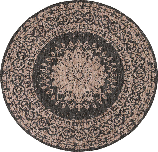 Black 7' 10 x 7' 10 Outdoor Traditional Round Area Rug Weather Resistant for Patio, Deck, Terrace, Balcony, Porch Classical Design Outside Carpet for Sale at Rug Engine