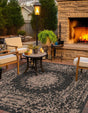 Black 7' 10 x 7' 10 Outdoor Traditional Square Area Rug Weather Resistant for Patio, Deck, Terrace, Balcony, Porch Classical Design Outside Carpet for Sale at Rug Engine